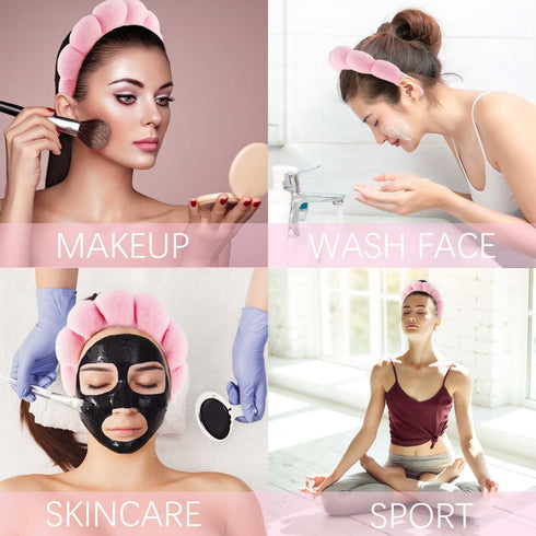 4pcs Face Wash Headband and Wristband Set Pink Wrist Bands for Washing Face Sponge Makeup Headband Puffy Skincare Head Band Terry Cloth Spa Hairba...