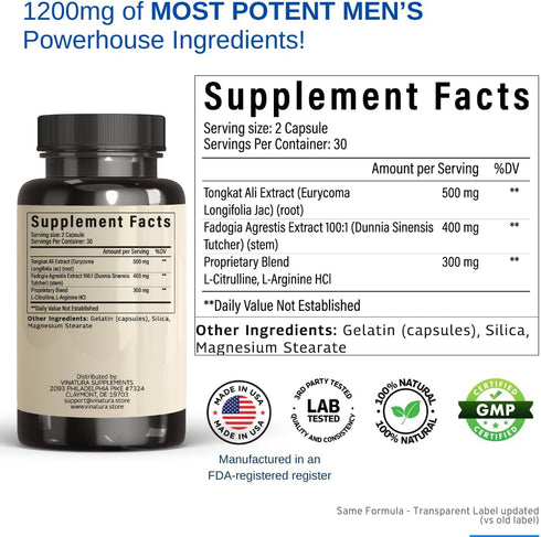 Tongkat Ali & Fadogia Agrestis - 1200mg, enhanced with L-Citrulline and L-Arginine, Equivalent to 54,300mg Raw Per Serving *USA Made and Tested* C...