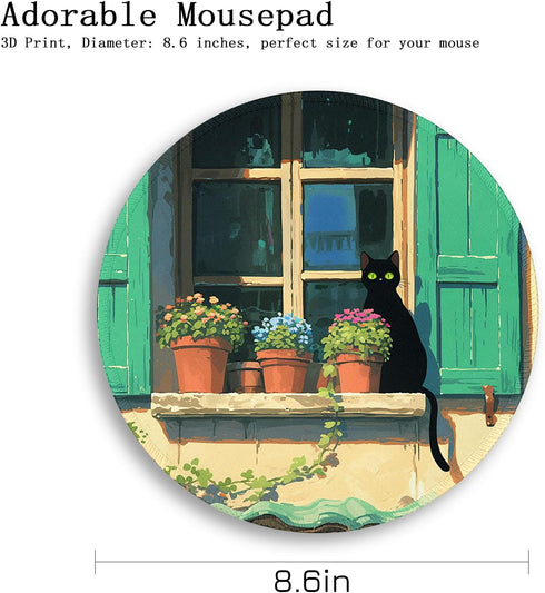 Gctriki Anime Black Cat Mouse Pad, Cute Computer Mouse Pads for Desk, Funny Round Mousepad for Laptop Gaming Stitched Edge Non-Slip Rubber Base Cu...