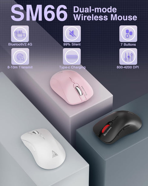 SM66 White Silent Dual Mode Bluetooth/2.4GHz Wireless Mouse, Adjustable 4200 DPI,Rechargeable Computer Mouse Wireless Office Mouse for PC Mac Lapt...