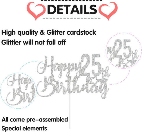 Silver Glitter Happy 25th Birthday Cake Topper - 25th Birthday Cake Topper, 25th Birthday Party Decoration...
