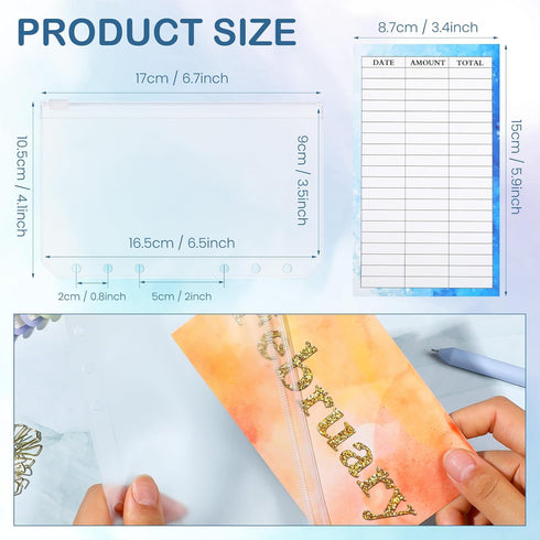 12PCS PVC A6 Binder Pockets + 12PCS Monthly Expense Tracker Budget Sheets, Clear Zipper Cash Envelopes for Budgeting, 6-Hole Planner Binder Insert...