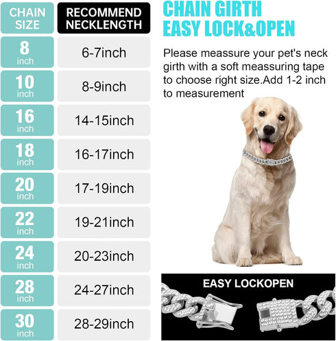 Dog Chain Silver Cuban Collars,Walking Silver Dog Metal Chain Choke Collar with Design Secure Buckle,Pet Cuban Crystal Collar Necklace Accessories...