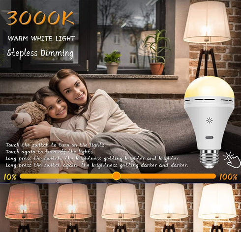 USB Rechargeable Light Bulb with Remote Control, 2600mAh Battery Powered Light Bulbs E26 Touch Control Dimmable LED Bulb with timer, Outdoor Emerg...