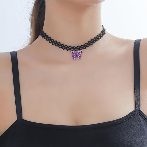 MIFYNN Black Lace Choker Necklace for Women Boho Colourful Butterfly Choker Purple Pink Butterfly Charm Necklace Stretch Lace Pendant Necklace 80s...
