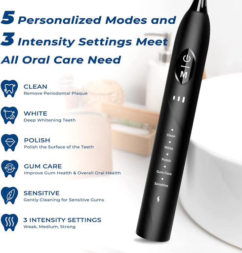 Electric Toothbrush for Adults, Rechargeable Electric Toothbrush with 6 Replacement Brush Heads, 5 Modes with 2 Minutes Smart Timer Reminder (Blac...