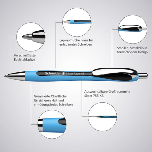 Schneider Slider Rave XB (Extra Broad) Ballpoint Pen, Refillable + Retractable, 1.4 mm, Light Blue Barrel, Blue Ink, Blister Pack of 1 Pen (73253)...