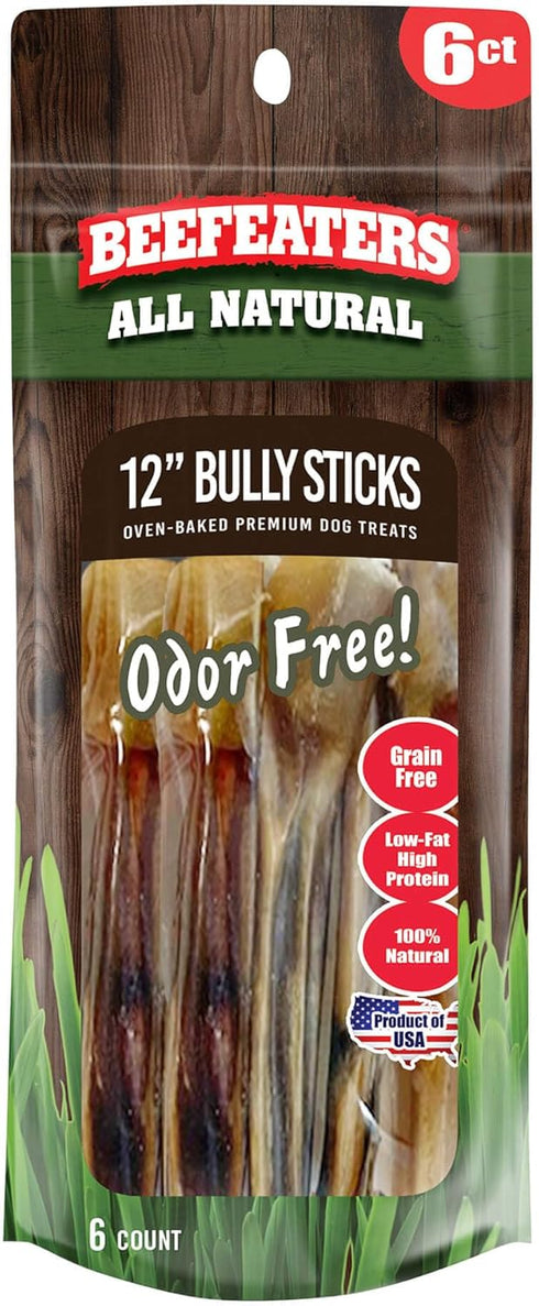 Beefeaters Dog Treats - 12in Bully Sticks, 6ct | All-Natural, Highly Digestible | Dog Food Promotes Dental Health | No Additives or Preservatives ...