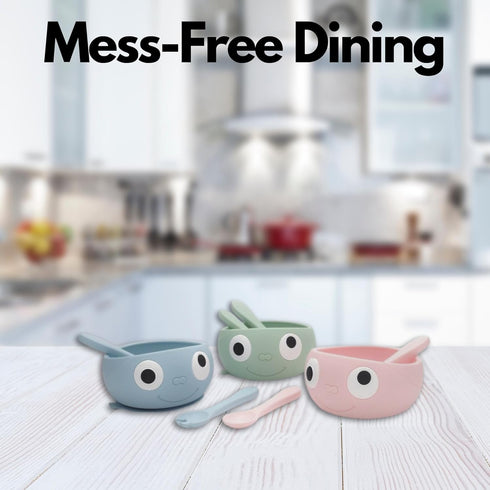 Big Eyes Baby Suction Bowl Self Feeding Set | Baby Fork and Spoon Set | Food Grade Silicone Plate for Babies & Toddlers | 4+ months (Blue)...