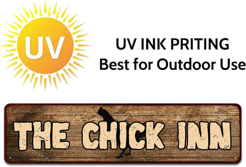 Rustic Metal "The Chick Inn" Tin Sign Art Wall Decor Funny Outdoor Garden Farm Signs, Chicken Gifts Coops Farmhouse Decor Hen House 4" by 16"...