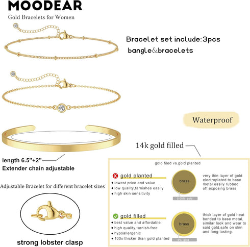 Moodear Dainty 14K Gold Stack Bracelet for Women - Trendy Bangle Cuff Figaro Satellite CZ Link Chain Bracelets Adjustable Waterproof...