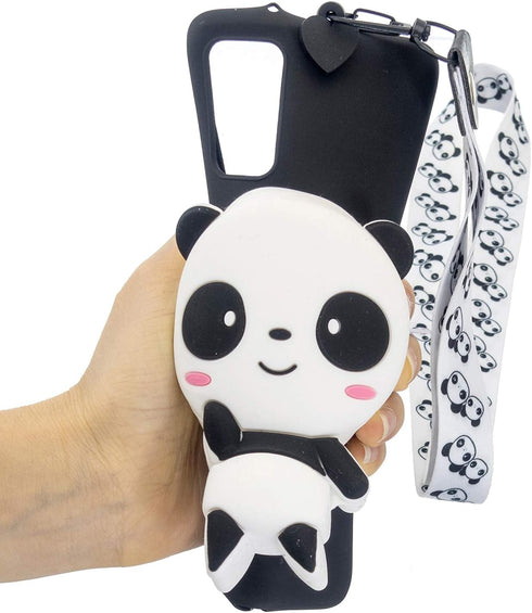 Case Compatible with Samsung Galaxy A12 5G,3D Cute Animals Pandas Cartoon Soft Black Silicone Wallet Case with Wrist Strap,Cool Kawaii Funny Kids ...