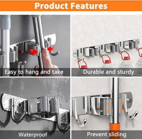 Mop and Broom Holder Wall Mount, Upgraded Broom Organizer Wall Mount, Stainless Steel Broom Hanger Wall Mount for Home Kitchen Garden Laundry Gara...