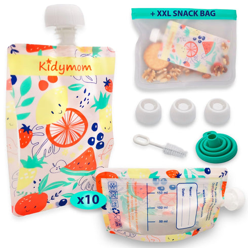 10-Pack Reusable Baby Food Pouches for Kids & Toddlers - Includes 1 XXL Silicone Pouch - 5 oz Zipper Pouches for Applesauce, Puree - Refillable Sq...