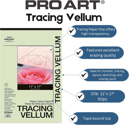 PRO ART Tracing Vellum Paper Pad, 11-inch x 17-inch, 50 Sheet Tape Bound Pad...