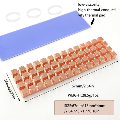 M.2 2280 SSD Heatsink Copper Kit, 67x18x4mm Cooler Heat Sink + Silicone Based Thermal Pad for Cooling M.2 SSD, NVME SSD, SSD...