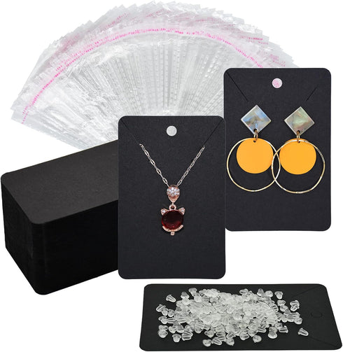 Black Earring Display Cards with 100Pcs Earring Holder Cards, 200 Pcs Ear Backs and 100Pcs Jewelry Packaging Bag for Earrings Necklace Jewelry Dis...