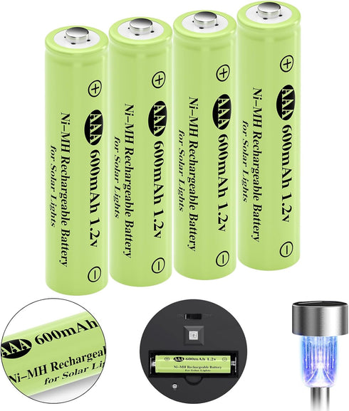 Rechargeable AAA Batteries, Ni-MH AAA 600mAh Solar Batteries, Triple A 1.2v Rechargeable Batteries for Solar Pathway Lights, Outdoor Solar Lights ...