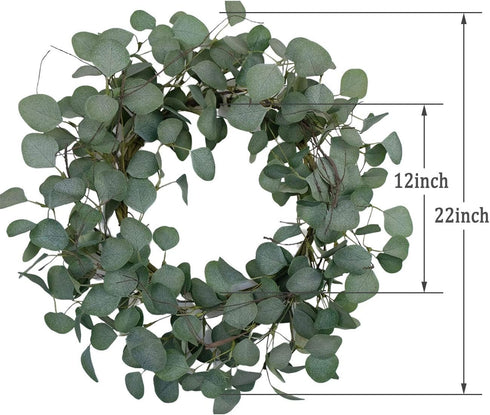idyllic Eucalyptus Leaves Wreath Metal Polyester Fabric Paper Round Green Wreath 22 Inches for The Front Door Decor...