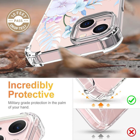 Compatible with iPhone 15 Case with Screen Protector, Flower Pattern Design, Floral Clear Women Phone Case Shockproof Protective Soft Bumper Cover...