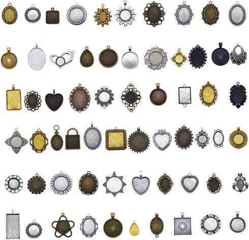 Julie Wang 40PCS Antiqued Bronze Silver Bezel Tray Pendant Blanks Base Charms for Resin Mold Setting Photo Necklace Jewelry Making No Duplicates...