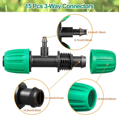 Drip Irrigation Fittings, 15 Pcs Lock Barbed Tee for 1/2 to 1/4 Inch Vinyl Tubing, Drip Line Parts 3-Way Tees Irrigation Connectors for Drip Sprin...