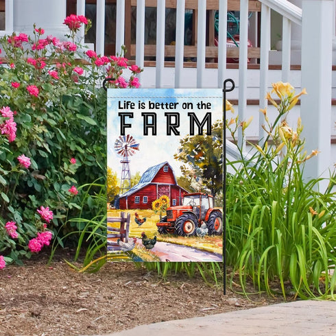 Life Is Better On The Farm - Funny Farm Garden Flag - Red Tractor Design - Harvest Themed Flag - 12x18 Design For Farmer, Off White...