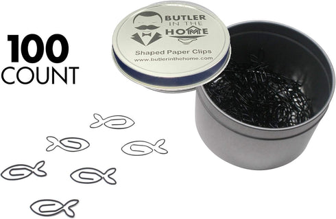 100 Count Fish Shaped Paper Clips Great for Paper Clip Collectors or Office Gift - Comes in Round Tin with Lid and Gift Box (Black)...