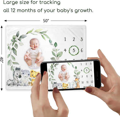 Safari Milestone Blanket, Jungle Wild Animals Baby Growth Chart Monthly Blanket, Watch Me Grow Jungle Safari Baby Nursery for New Moms Baby Shower...