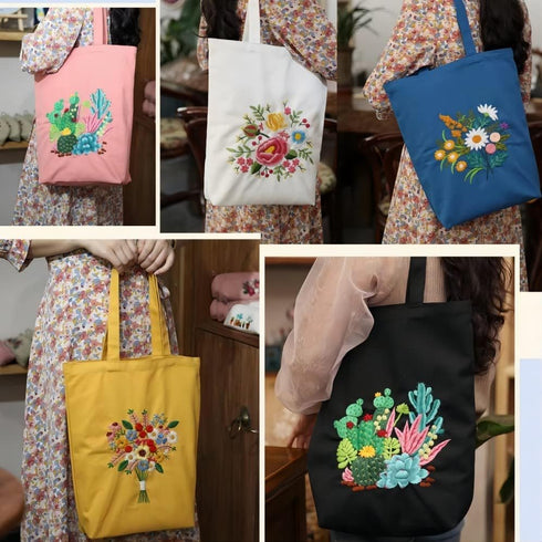 Black Canvas Tote Bag Embroidery Kit,Flowers Art Pattern,Cross Stitch Kits, Including Stamped Embroidery Bag with Hoops,Needle, Instruction Manual...