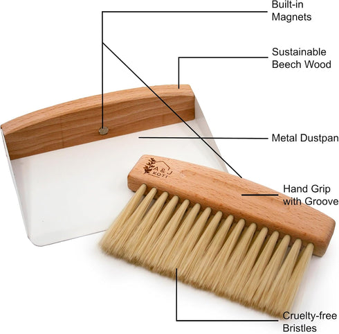 A&J Koti Table Crumb Sweeper - Small Mini Metal Dustpan and Hand Brush Combo Set - Wood Crumber for Servers, Restaurants, Home and Kitchen - Crumb...