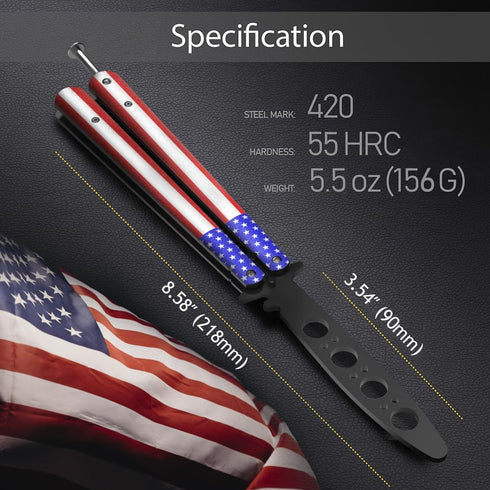 GOOD WORKER Butterfly Trainer – American Patriot Balisong – Practice Butterfly Knife – Butterfly Knives NOT Real NOT Sharp Blade – USA Flag Dull T...