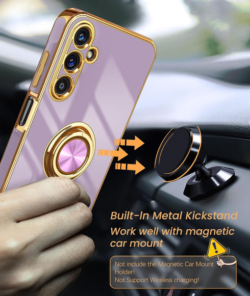 Dretal for Samsung Galaxy A15 5G Case, Screen Protector, 360° Rotatable Ring Holder Magnetic Kickstand,Plated Gold Edge Slim Soft TPU Protective P...