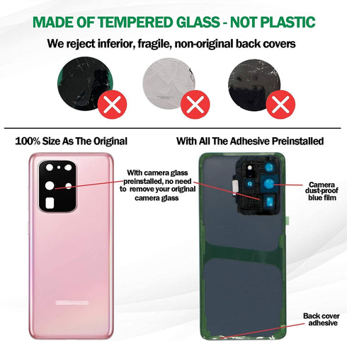 Galaxy S20 Ultra Rear Glass Replacement Back Cover w/Pre-Installed Camera Lens + All The Adhesive + Installation Manual + Tool Kit for Samsung Gal...