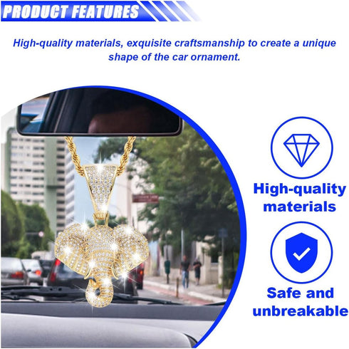 Bling Elephant Diamond Car Mirror Interior Hanging Ornament, Lucky Crystal Rhinestone Pendant Car Rear View Mirror Charm, Car Accessories for Wome...