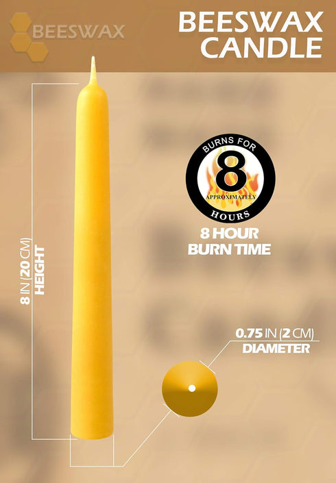 Hyoola 8" Beeswax Taper Candles - 8 Hour Burn Time - Yellow Beeswax Candles - 2 Pack...