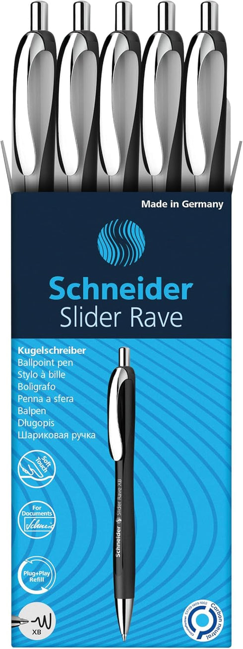 Schneider® Limited Edition Slider Rave Black, XB (Extra Broad) Ballpoint Pen, Refillable + Retractable, 1.4 mm, White-Black Barrel, Blue Ink, Box ...