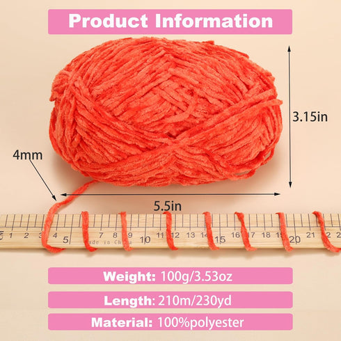 Soft Chenille Yarn (Solar Red, 1PCS) for Crafts, Crocheting, Fancy Yarn for Sweater/Hat/Blankets/DIY Craft, 100% Polyester, 210m/230yard, #4 Mediu...