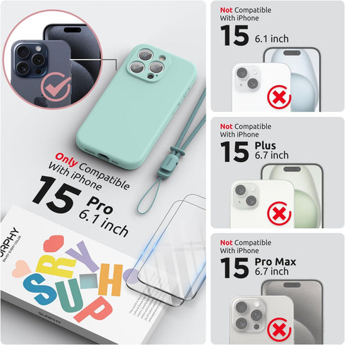 SURPHY Designed for iPhone 15 Pro Case with Screen Protector and Lanyard, Phone Strap and Liquid Silicone Phone Case (Camera Protective + Soft Mic...