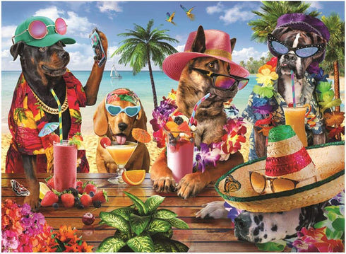 Anatolian Puzzle - Dogs Drinking Smoothies on a Tropical Beach -1000 Piece Jigsaw Puzzle #1102, Multicolor...