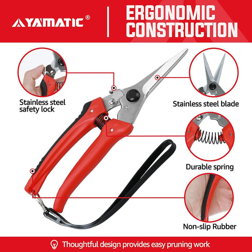 YAMATIC Garden Pruning Shears 3 Pack, 2 Bypass Pruners 1 Pruning Snip, Straight Garden Scissors with Sharp Blade, Heavy Duty Garden Clippers Hand ...