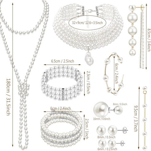 EIELO 16 Pcs Pearl Necklace Earrings Set for Women Simulated Pearl Bracelet Faux Pearl Necklace Dangle Earrings Jewelry Set...