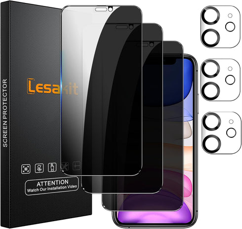 3+3 Pack Privacy Screen Protector for iPhone 11 6.1-Inch with 3 Pack Camera Lens Protector, Anti Spy Tempered Glass Film 9H Hardness Bubble Free C...