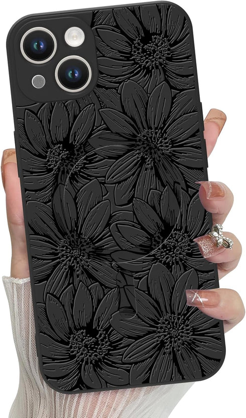 MZELQ for iPhone 13 Case, Silicone Black Floral Flowers Cute Pattern, Magnetic Compatible with MagSafe Sunflowers Camera Protection Phone Case...