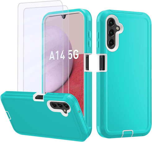 Cellular Phone Case for Samsung Galaxy A14 5G, Heavy Duty Protective, Military Grade, Shockproof, Dust-Proof, Teal/White...