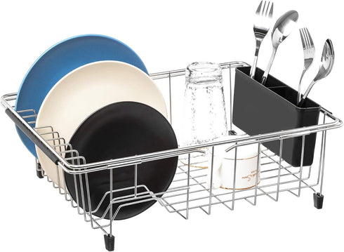 iPEGTOP Expandable Multifunctional Dish Drying Rack, Over The Sink, in Sink Or On Counter Dish Drainer Basket Shelf with Black Utensil Silverware ...