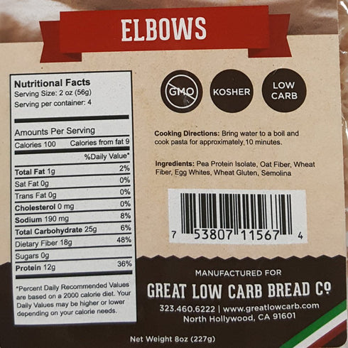 Low Carb Pasta, Great Low Carb Bread Company, 8 oz. (Elbows) (Original Version) (Original Version)...