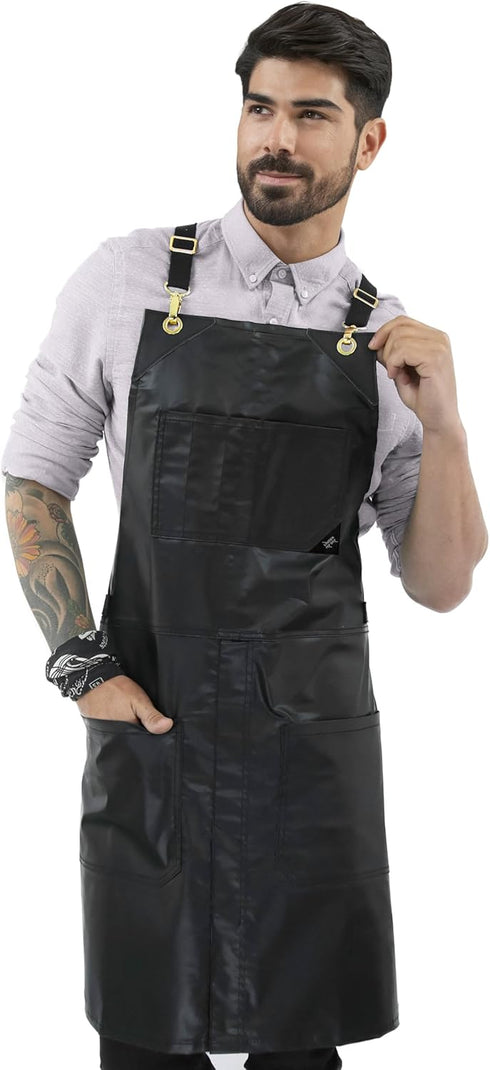 Under NY Sky Cross-Back Black Apron – Golden Hardware, Coated Twill, Leather Reinforcement, Split-Leg – Adjustable for Men, Women, Pro Barber, Tat...