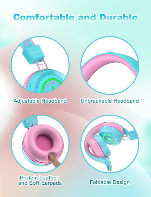 Link Dream Kids Bluetooth Headphones with Microphone for School On-Ear Headphone Toddler Children Wireless Headphone Headset with LED Lights Compa...