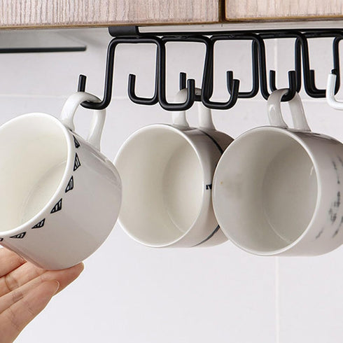 Cups Storage Hooks, Kitchen Utensil Hanging with 6 Hooks, Cup Holder Hanger Hook Rack Holder Under Cabinet Closet without Drilling(Black)...